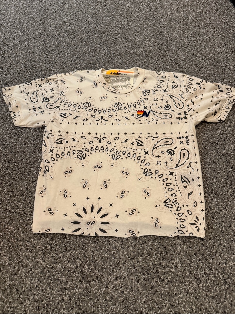 Aviator Nation Cream Tee with Black Bandana Print and Small Navy/Orange Logo